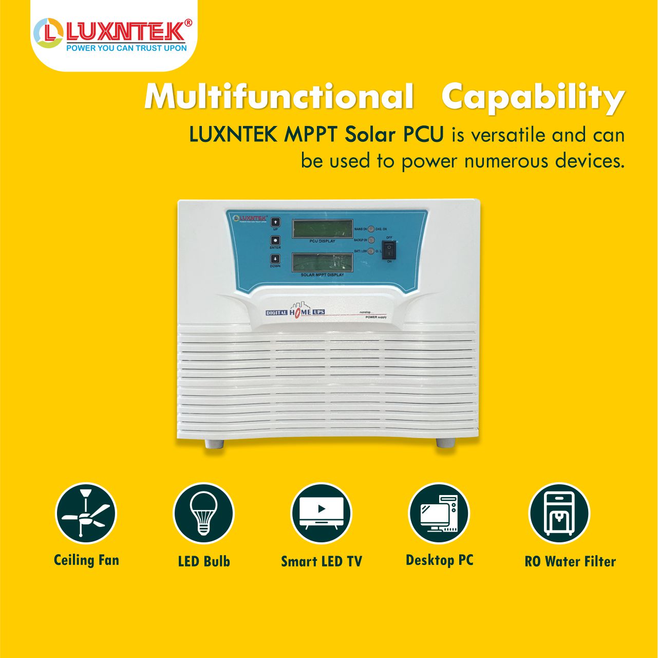 Bottom view Luxntek Solar MPPT PCU 1kW 12V inverter