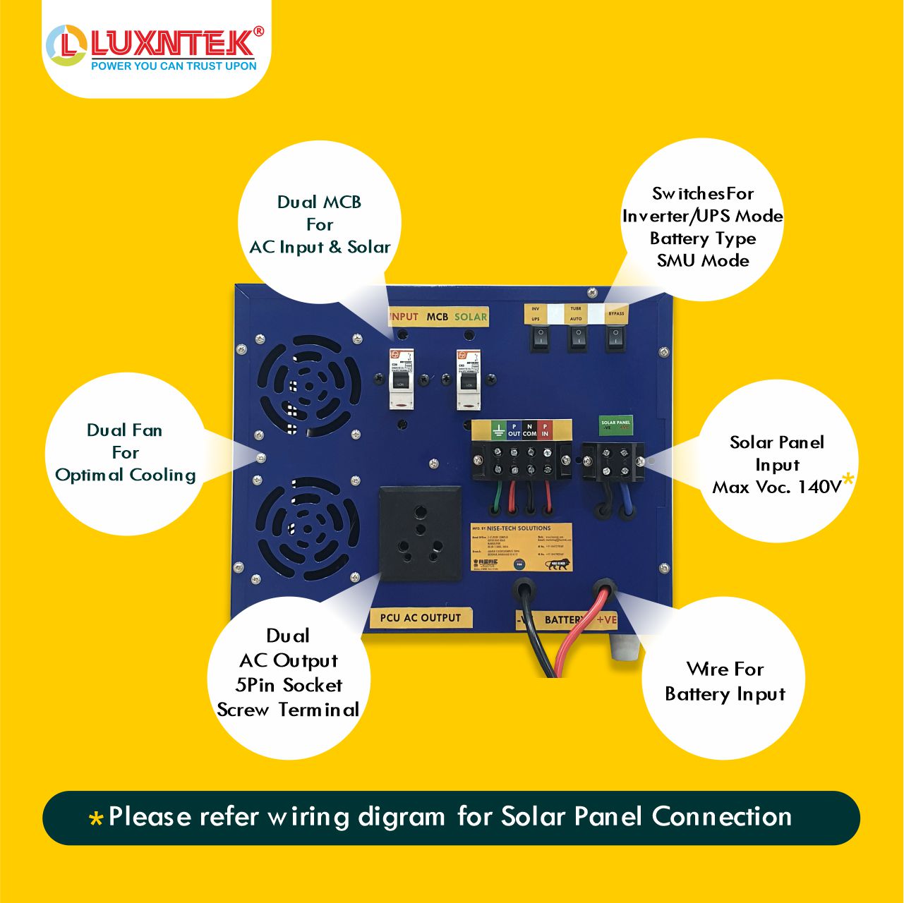 Back details Luxntek Solar MPPT PCU 1kW 12V inverter