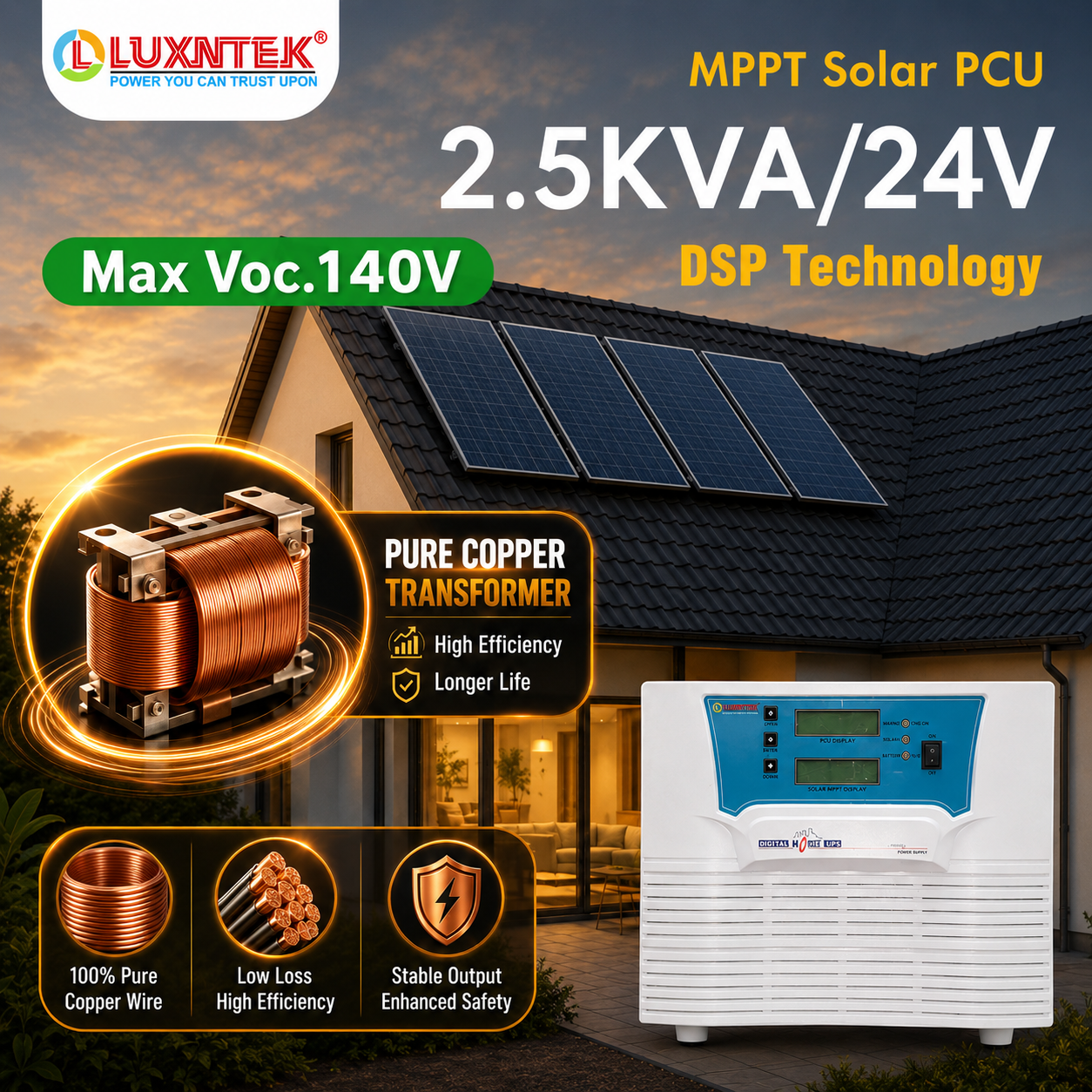 Luxntek Solar MPPT PCU 2kW 24V inverter front view